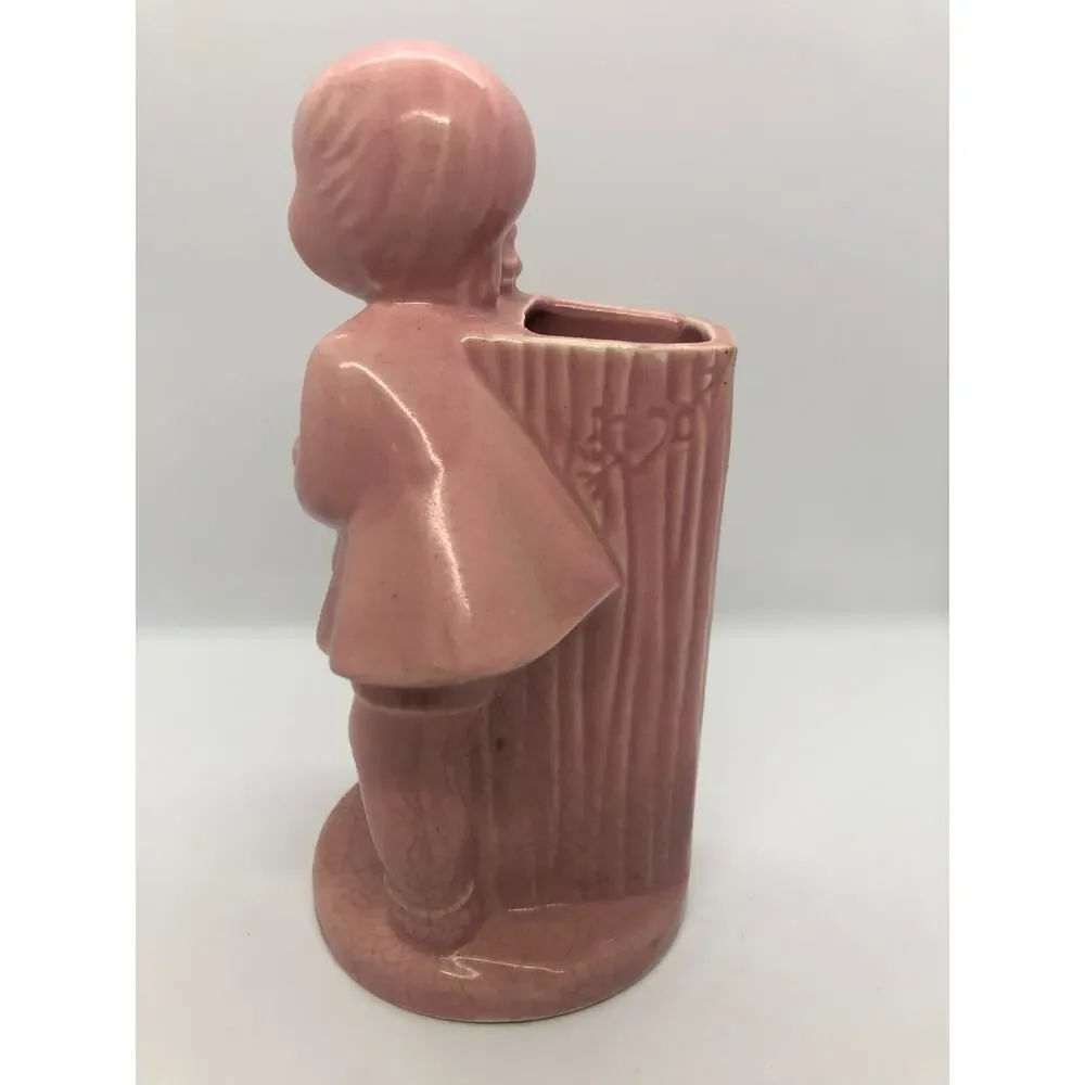 Vintage Retro MCM Pink Tree Stump Heart Hugging Boy Girl Shawnee Pottery Vase